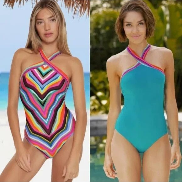 Trina Turk Louvre Stripe Reversible High Neck One Piece Swimsuit Size 10 - Picture 1 of 10
